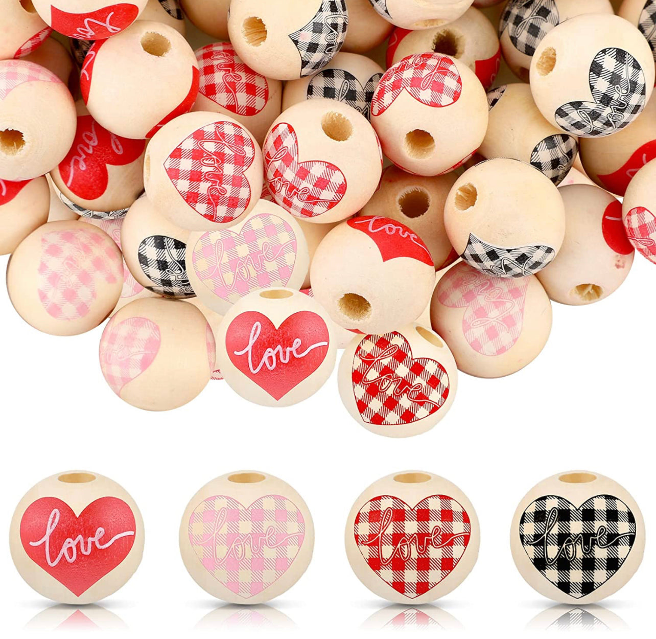 Valentines Plaid Heart Love Wooden Bead Mixes