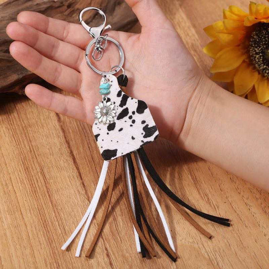 Cow Print Cow Tag Leather Tassel keychain