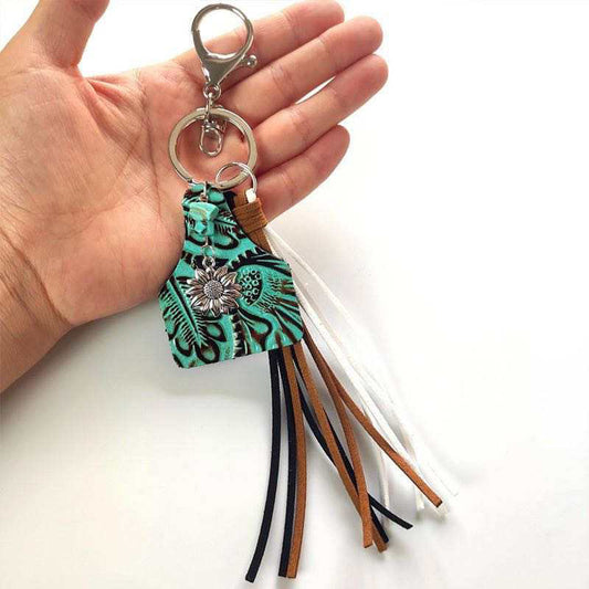 Turquoise Cow Tag Leather Tassel keychain