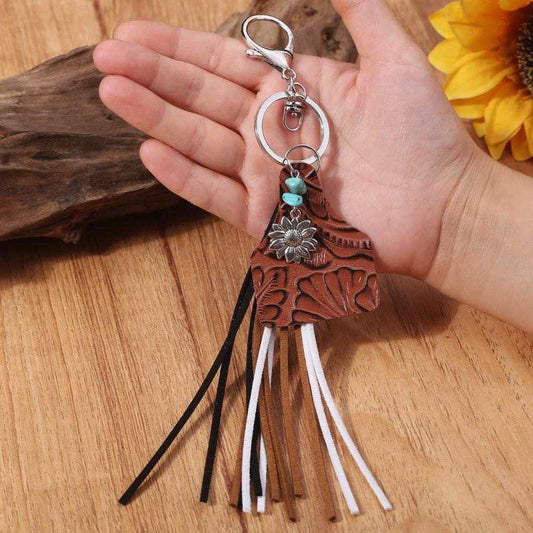 Brown Cow Tag Leather Tassel keychain