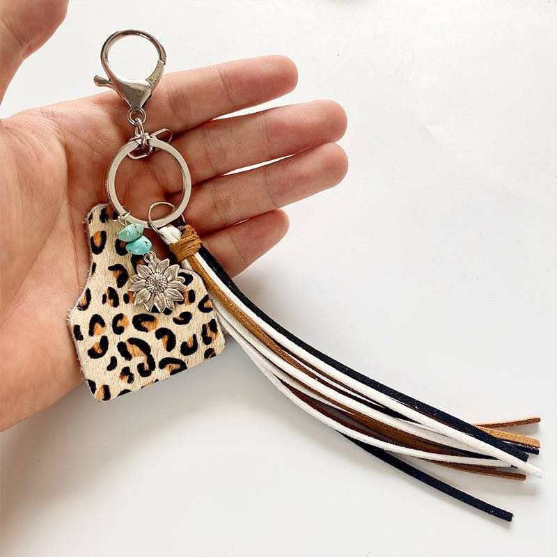 Cheetah Cow Tag Leather Tassel keychain